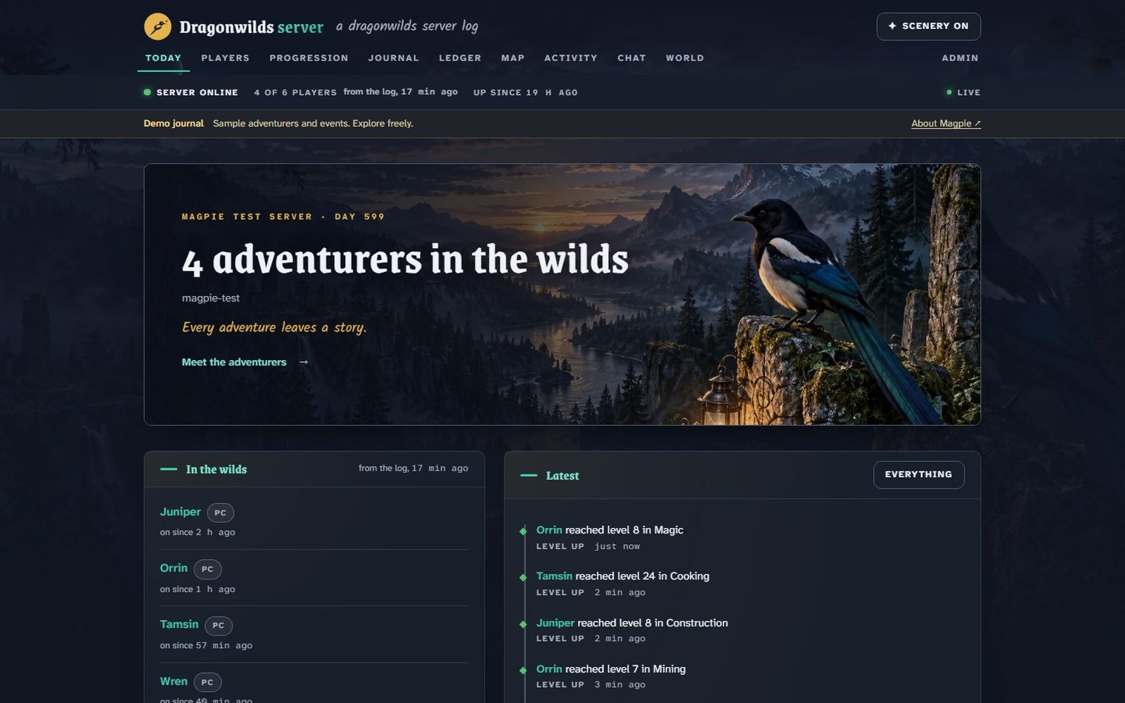 The Magpie journal for a RuneScape: Dragonwilds server, showing four adventurers in the wilds, a woodland banner, and a live feed of level-ups and chat.