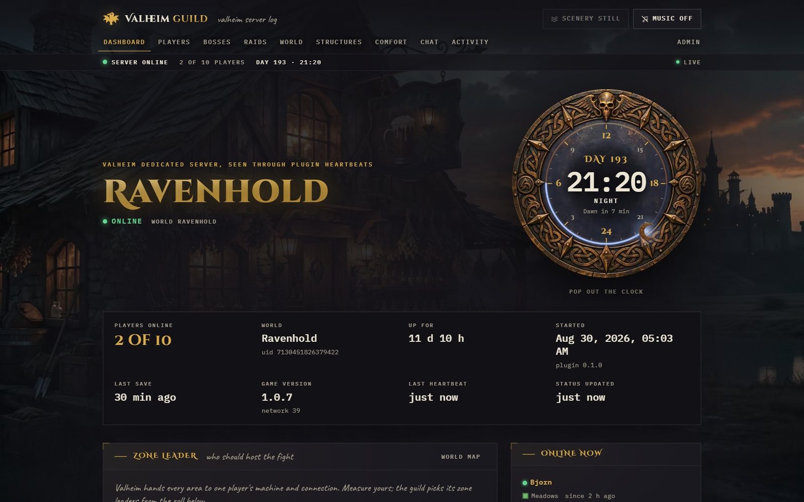 The Muninn dashboard for a Valheim server named Ravenhold, showing a bronze world clock reading day 193, players online, and a zone leader panel.