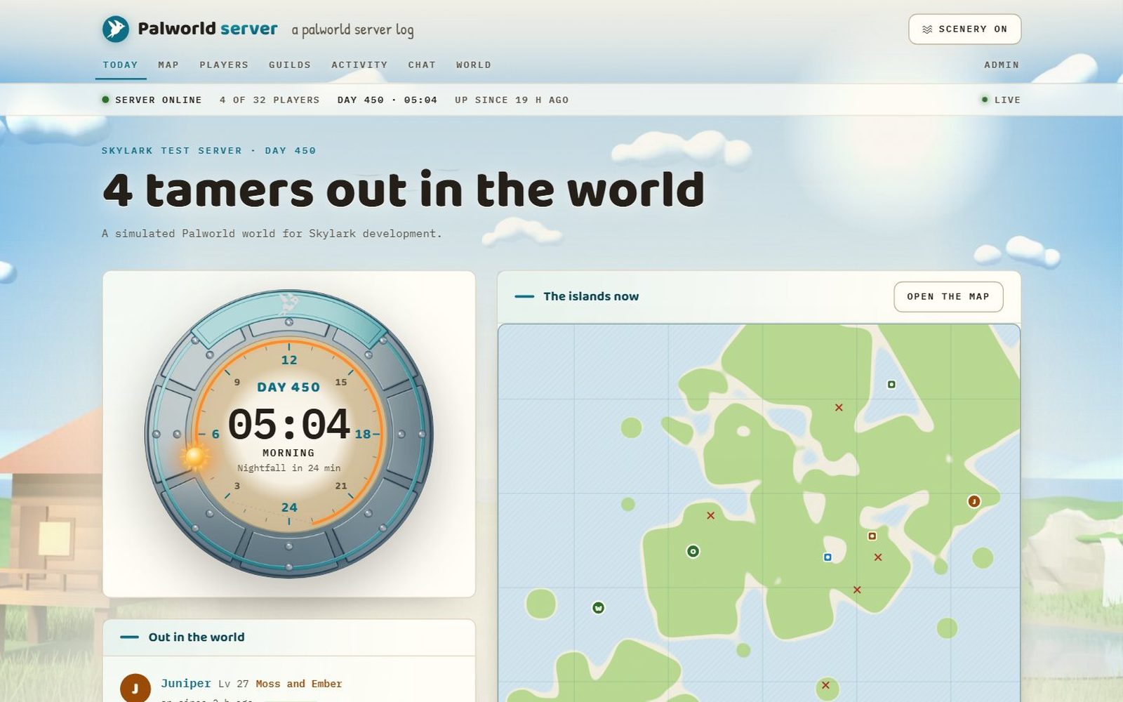 The Skylark dashboard for a Palworld server, showing a sun dial reading day 450, four tamers out in the world, and a live map of the islands.